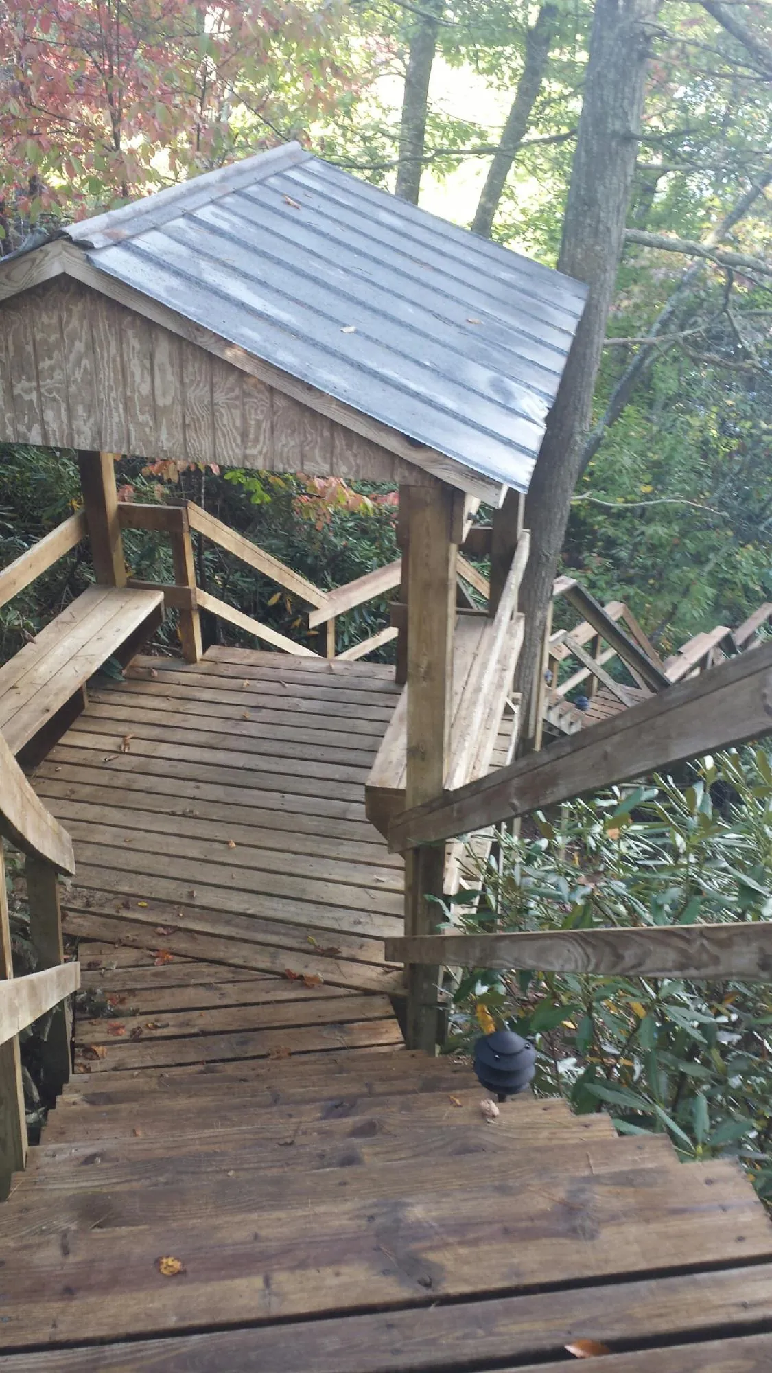 Metal roofed shelter over wooden steps on a wooded walkway — Skylight Repair & Installation work by our crew in Letts